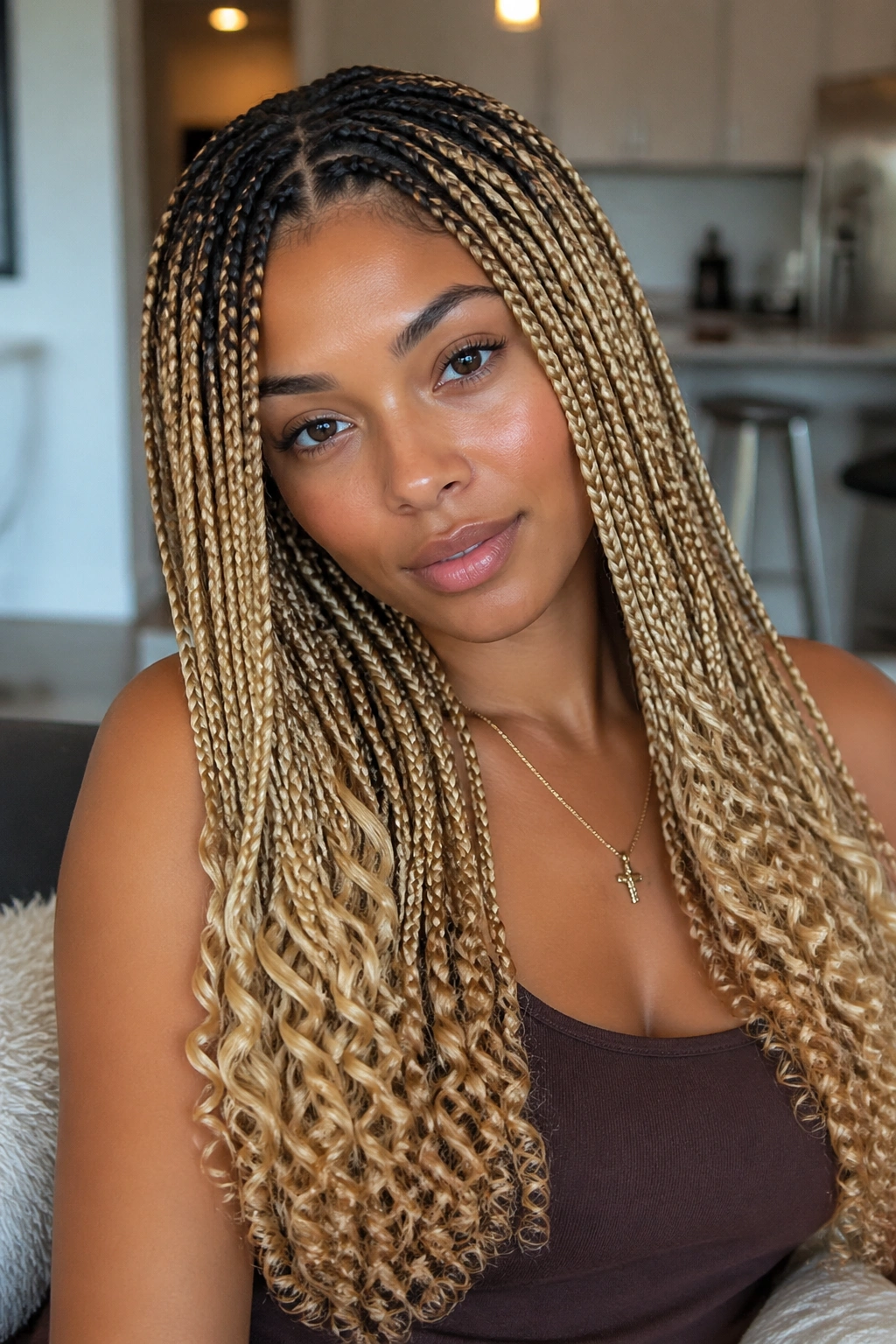 Close-up portrait of a real woman with dark-root melt blonde braids and curly ends in natural light