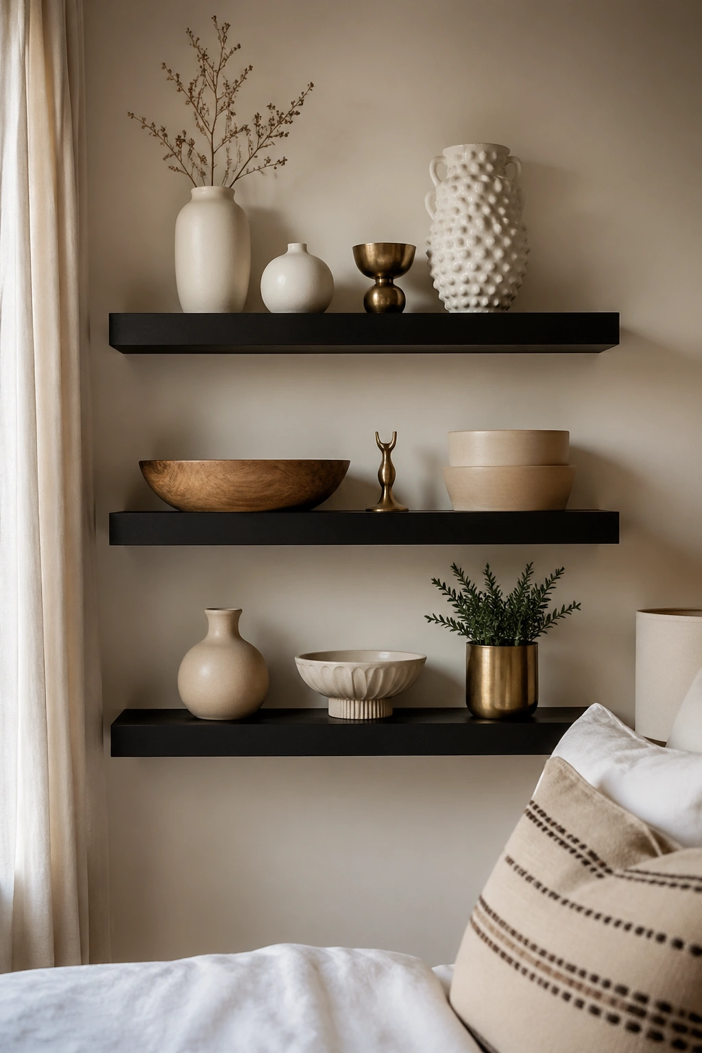Three dark floating shelves with light objects on a warm wall