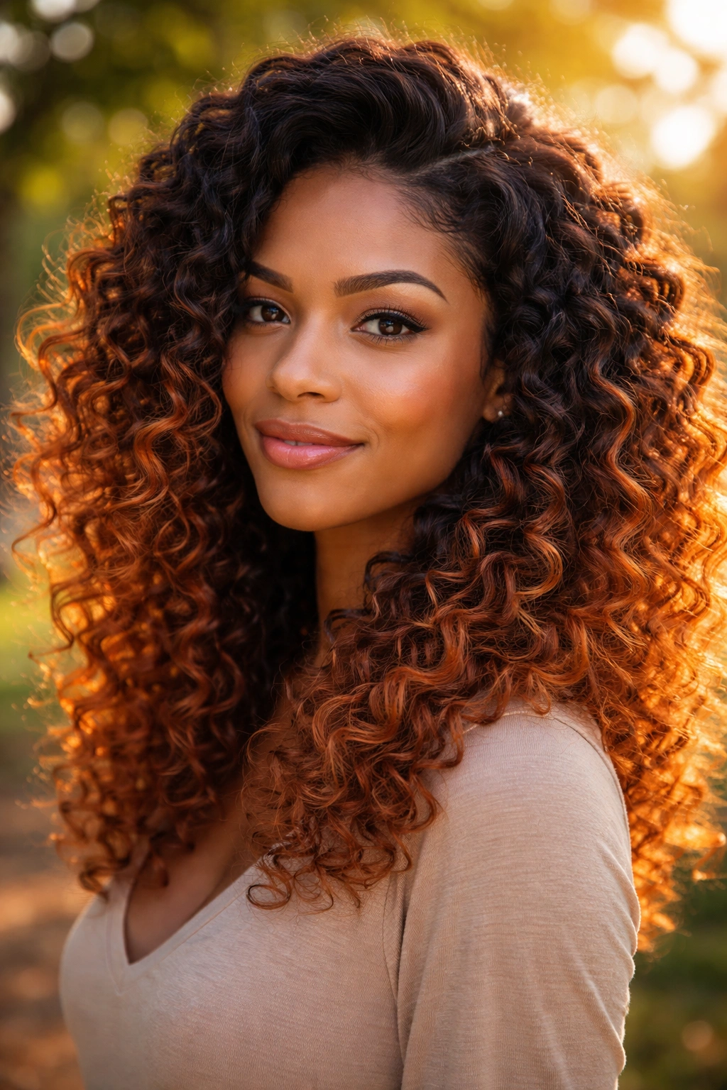 Close-up of dark-to-copper ombre on curly hair on a real person