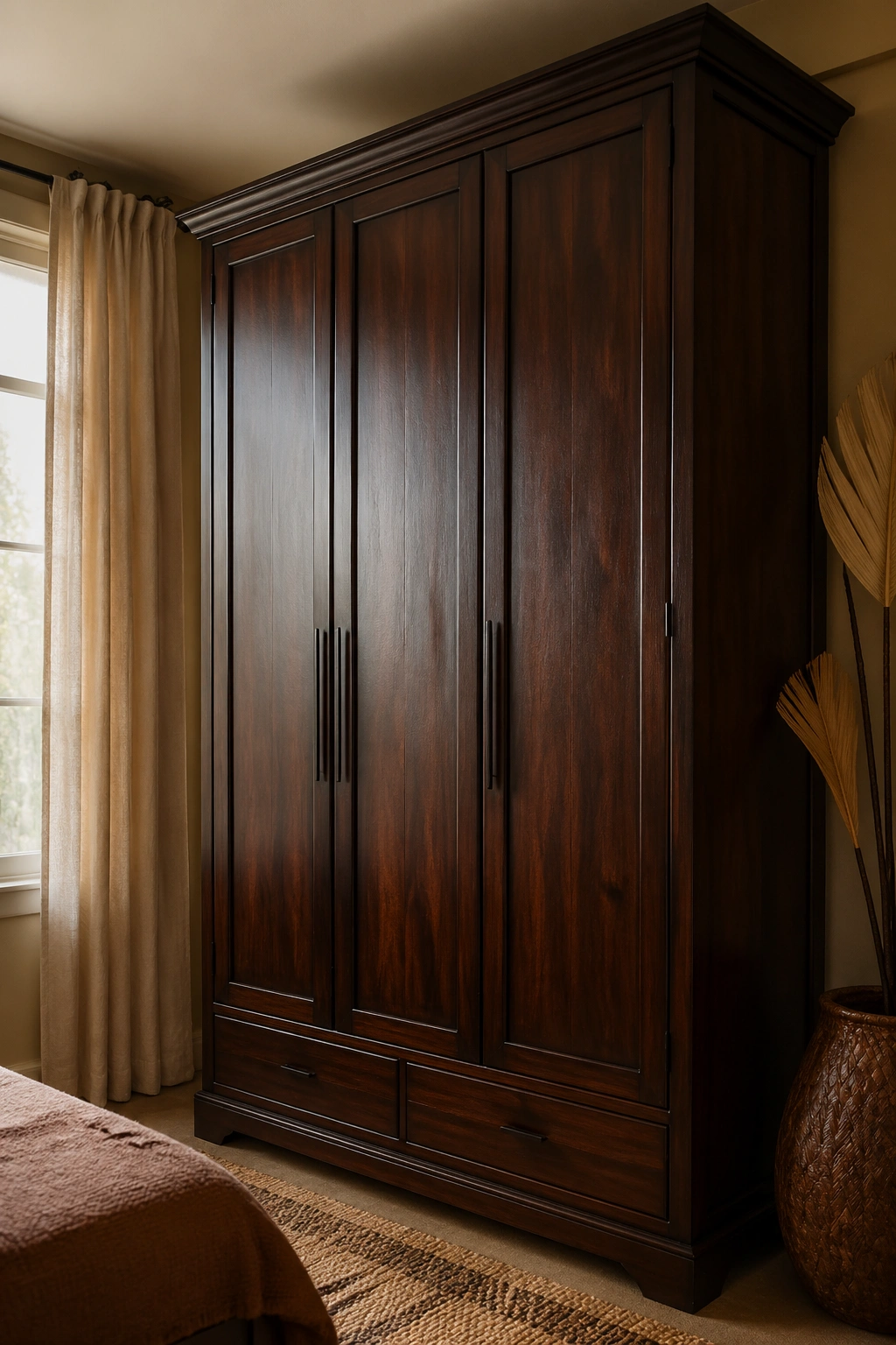 Close-up of a tall dark-wood freestanding wardrobe dominating a cozy bedroom