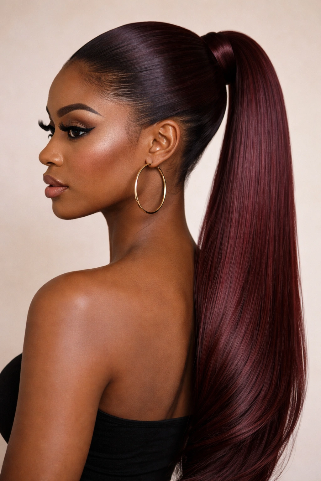 Dark wine red sleek ponytail with a hidden wrap under the base