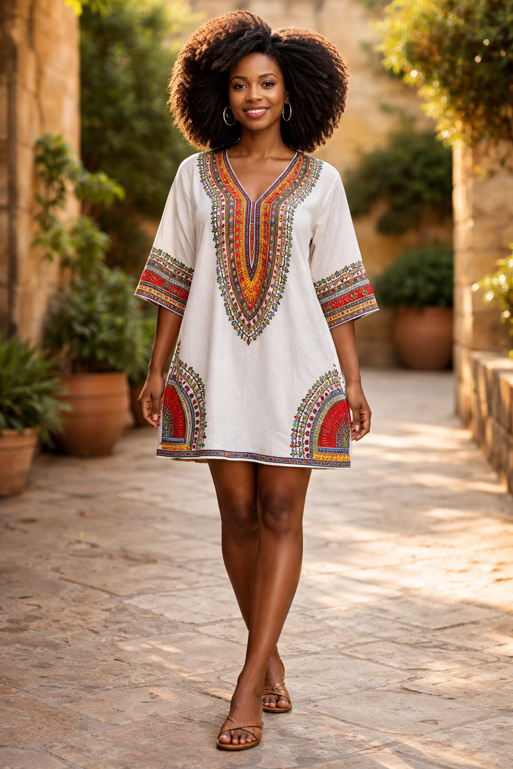 Woman in dashiki-inspired dress with clean accessories in courtyard