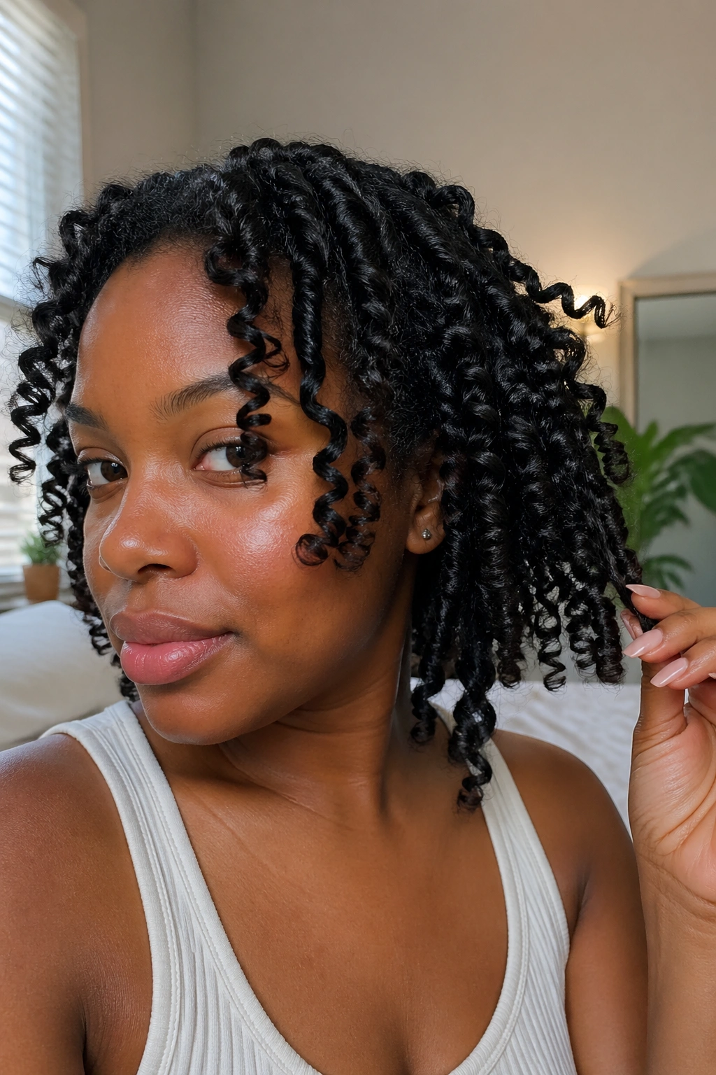 Real woman with twist-out from day-old twists showing defined coils