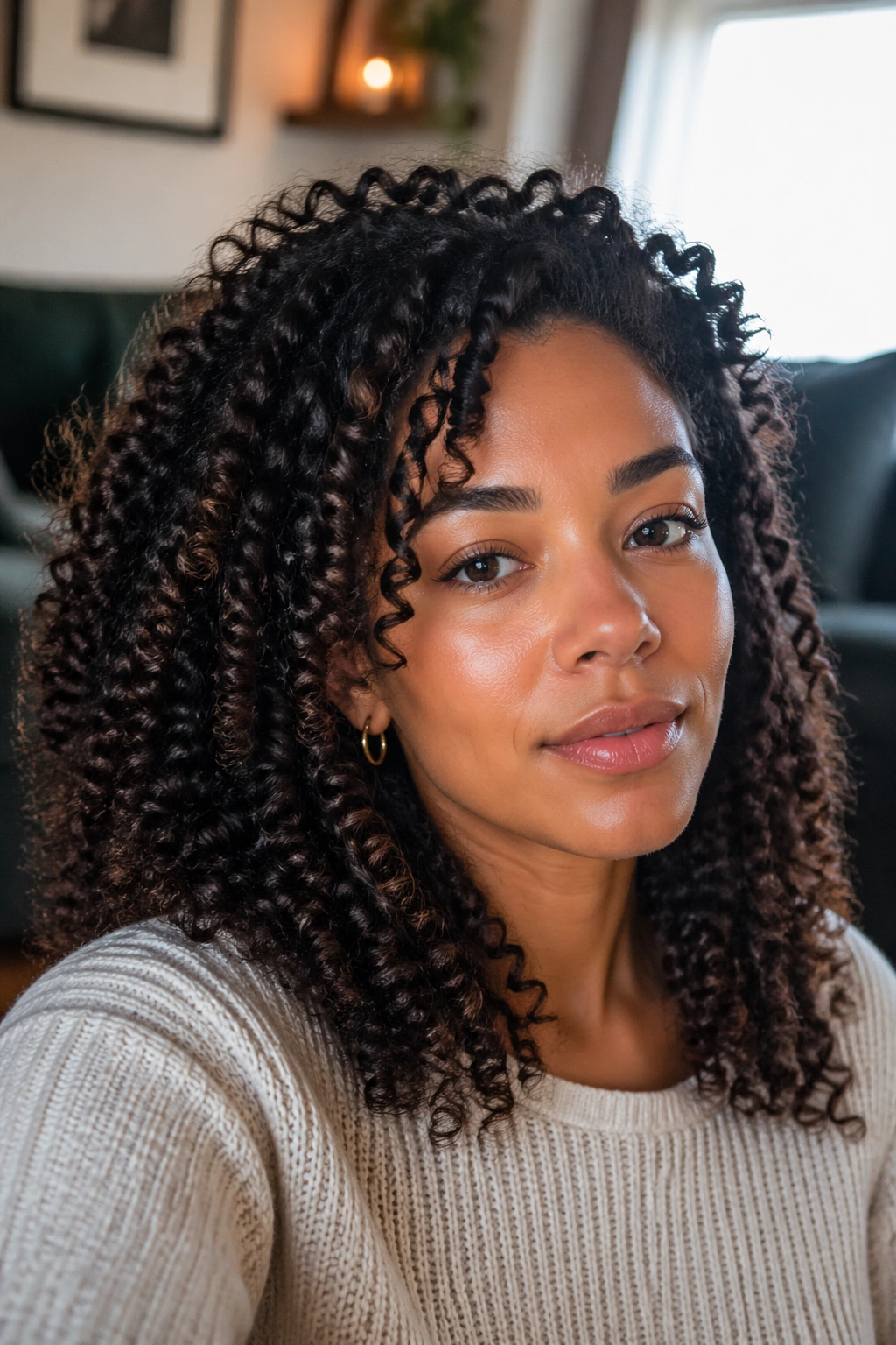Close-up of a real person with day-two curls in a cozy living room