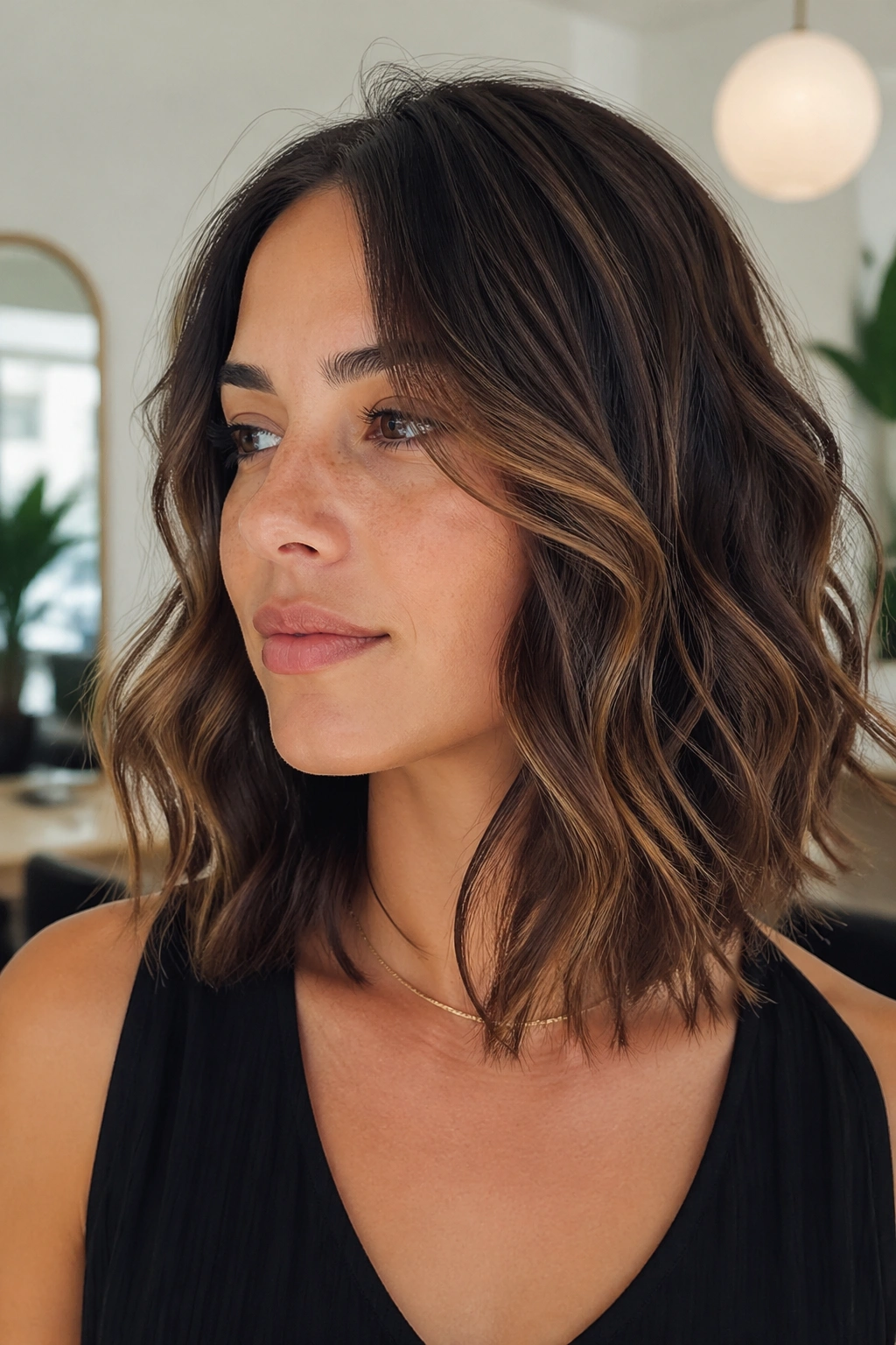 Close-up of a real woman with a debulked lob for dense hair in a salon-like setting