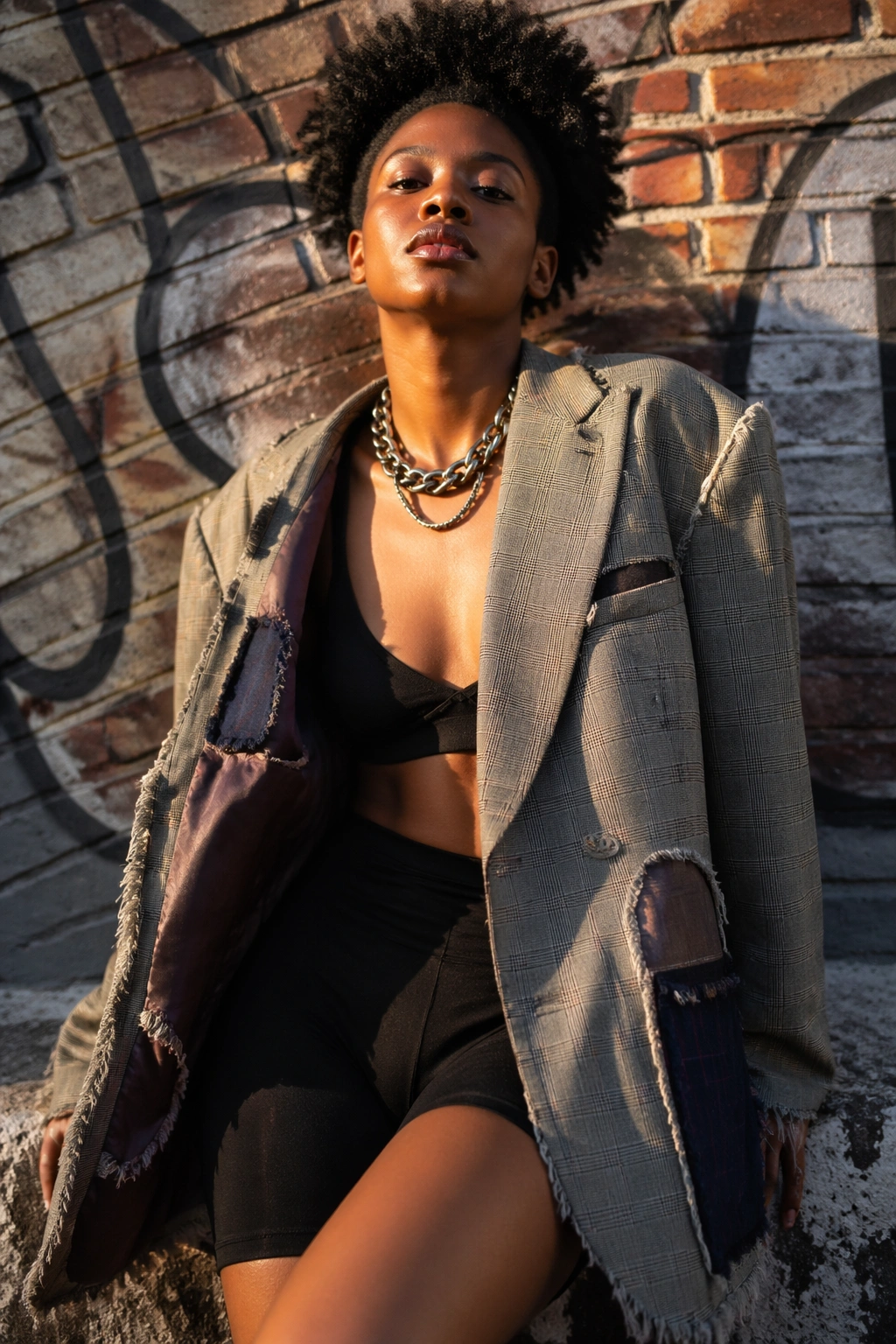 Close-up portrait of a real woman in deconstructed blazer over bike shorts against an urban graffiti wall
