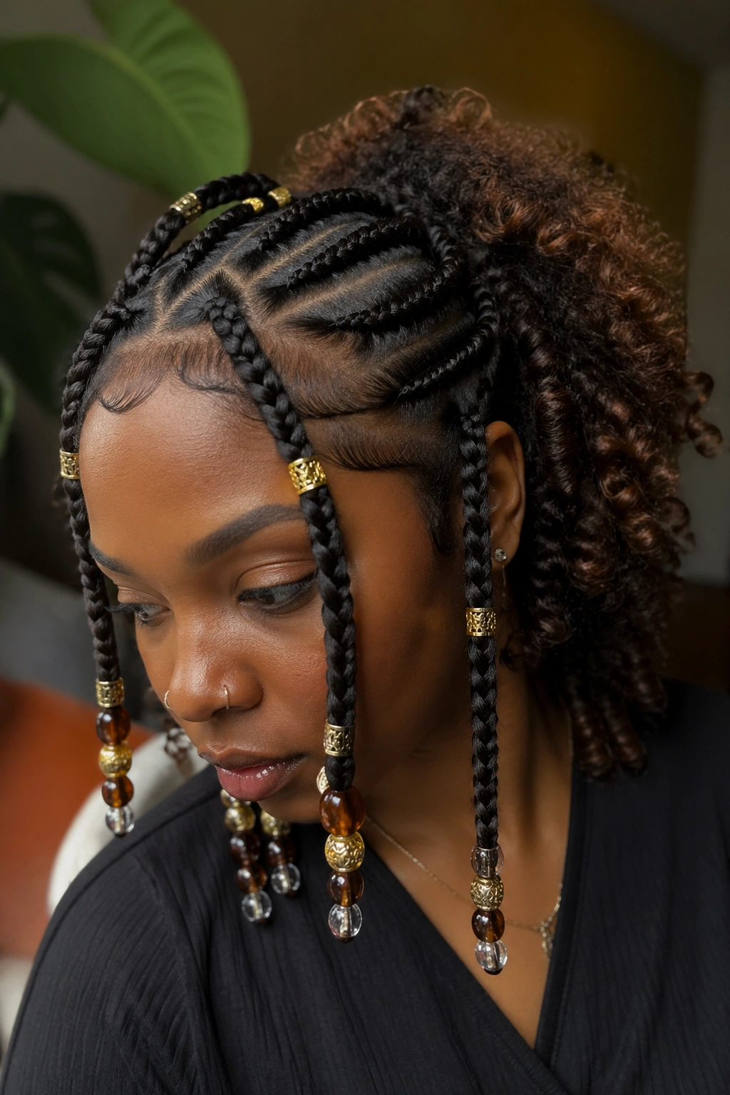 Front braids adorned with beads and gold cuffs on a real person