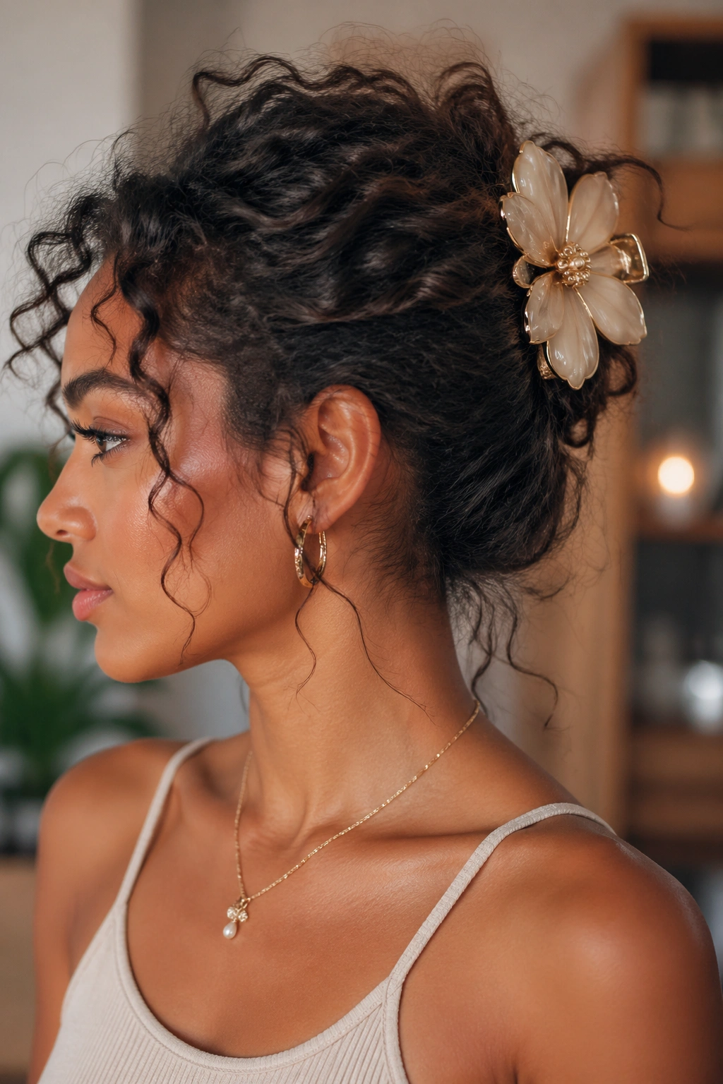 Portrait of a person wearing an oversized decorative claw clip as the focal piece