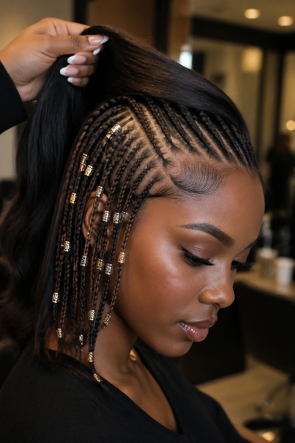 Portrait showing metal cuffs on underlayer braids in peekaboo style.