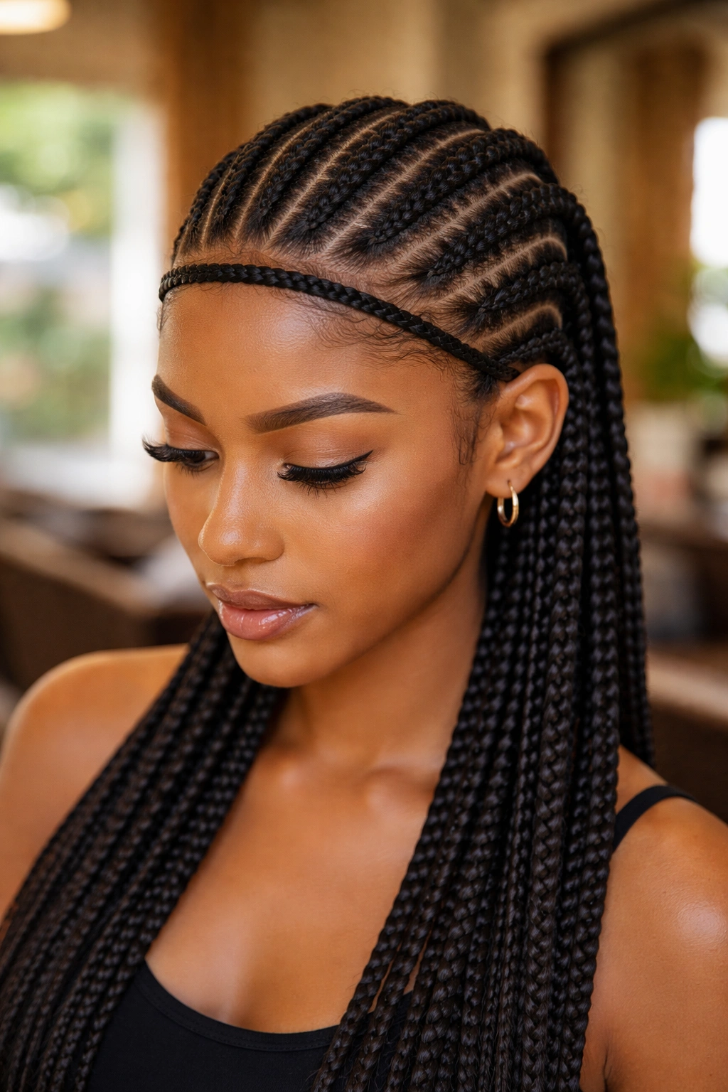 Close-up portrait of a real person with decorative front cornrow among straight back cornrows