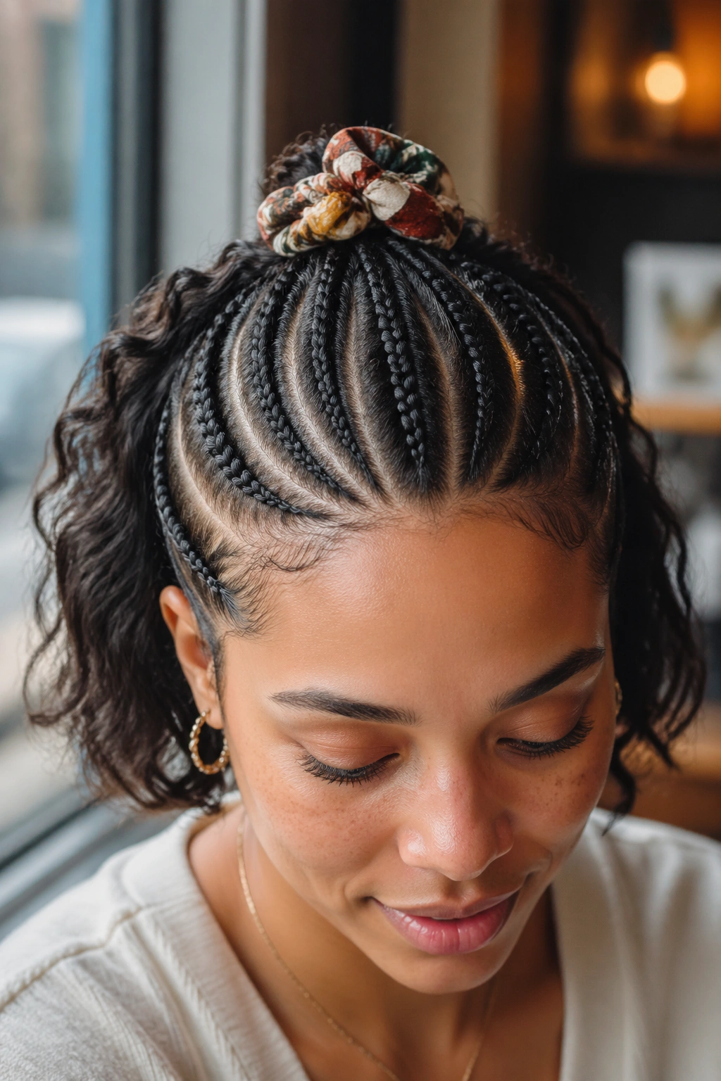 Portrait of a real woman with half cornrows gathered at a decorative hair tie