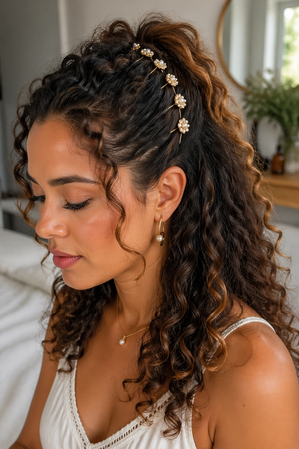 Close-up of a real woman with decorative pins along the crown in a half ponytail