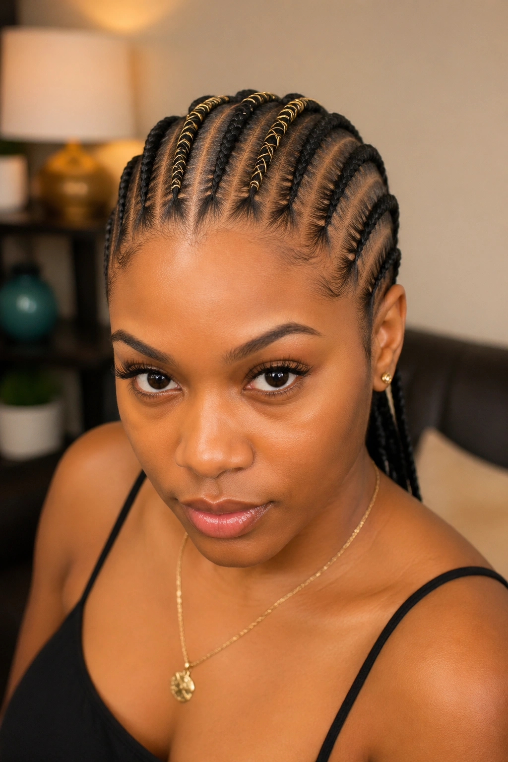 Close-up of straight-back cornrows with metallic wrap accents on a real head