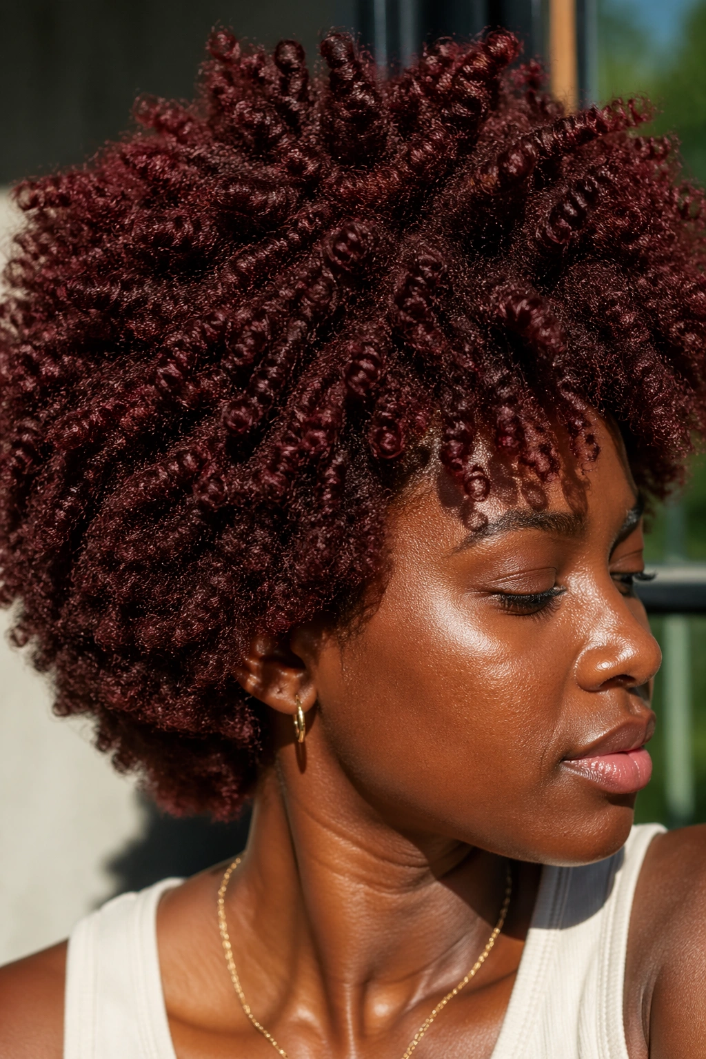 Close-up of a woman with deep auburn 4C curls in sunlight
