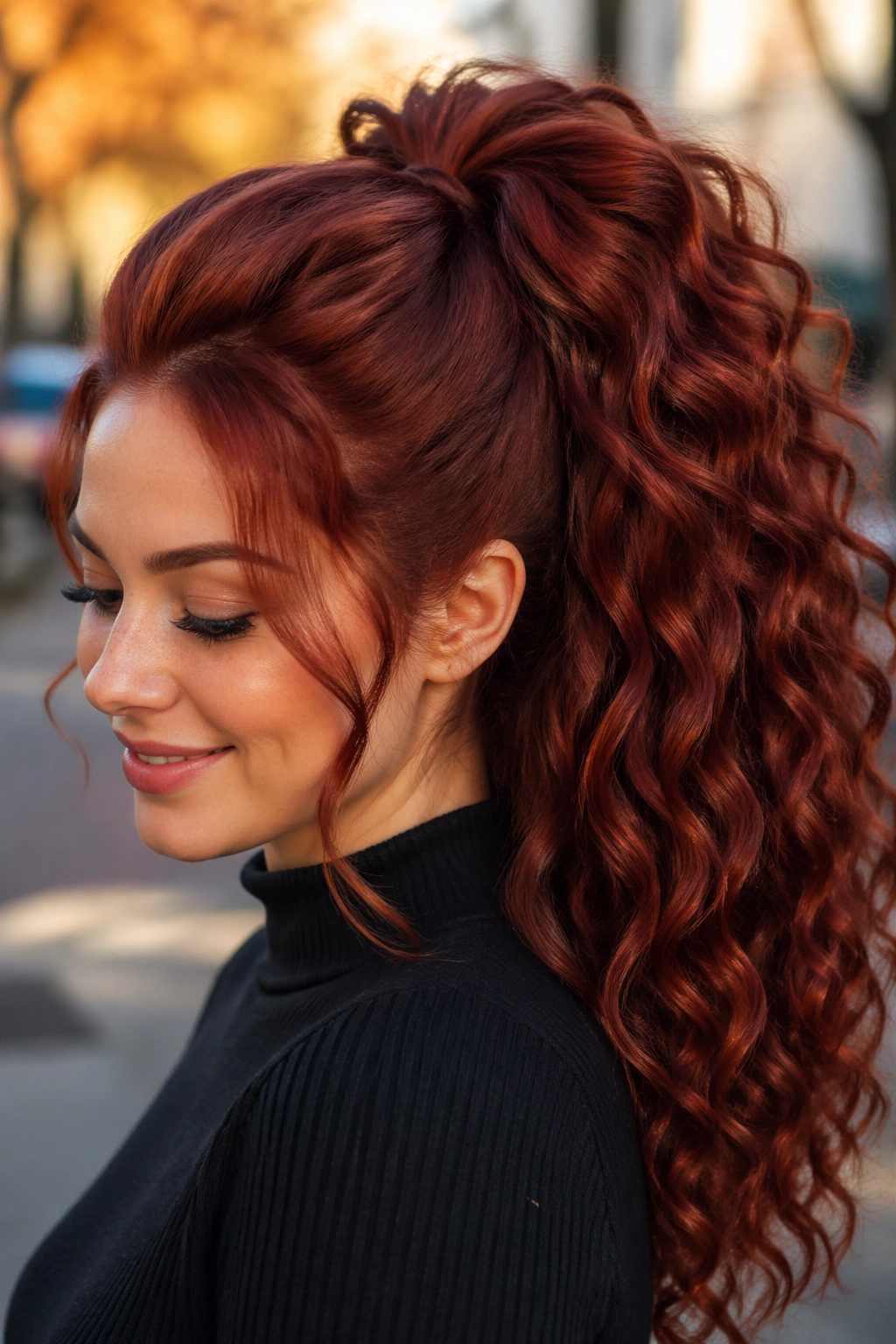 Close-up of deep auburn voluminous ponytail on a real woman