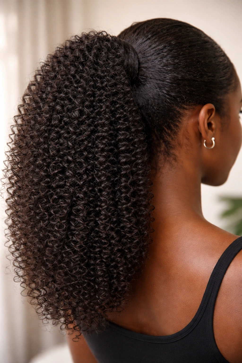 Close-up of a deep coily wrap ponytail blending 4C coils with the scalp