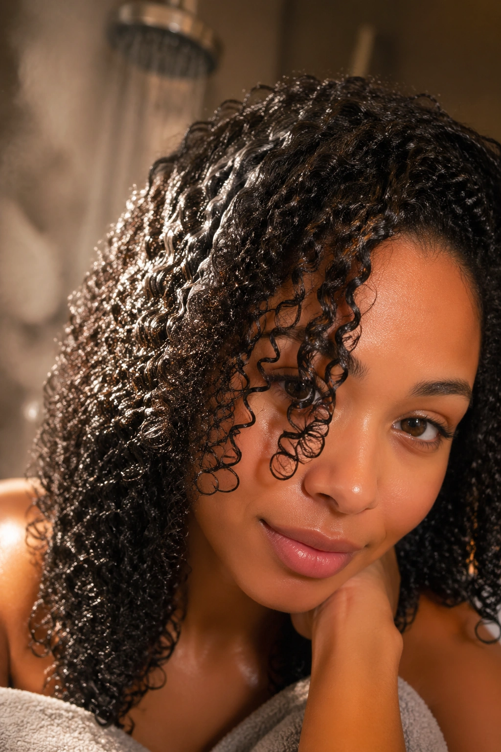 Moist, glossy curls from deep conditioning captured in a head-and-shoulders close-up
