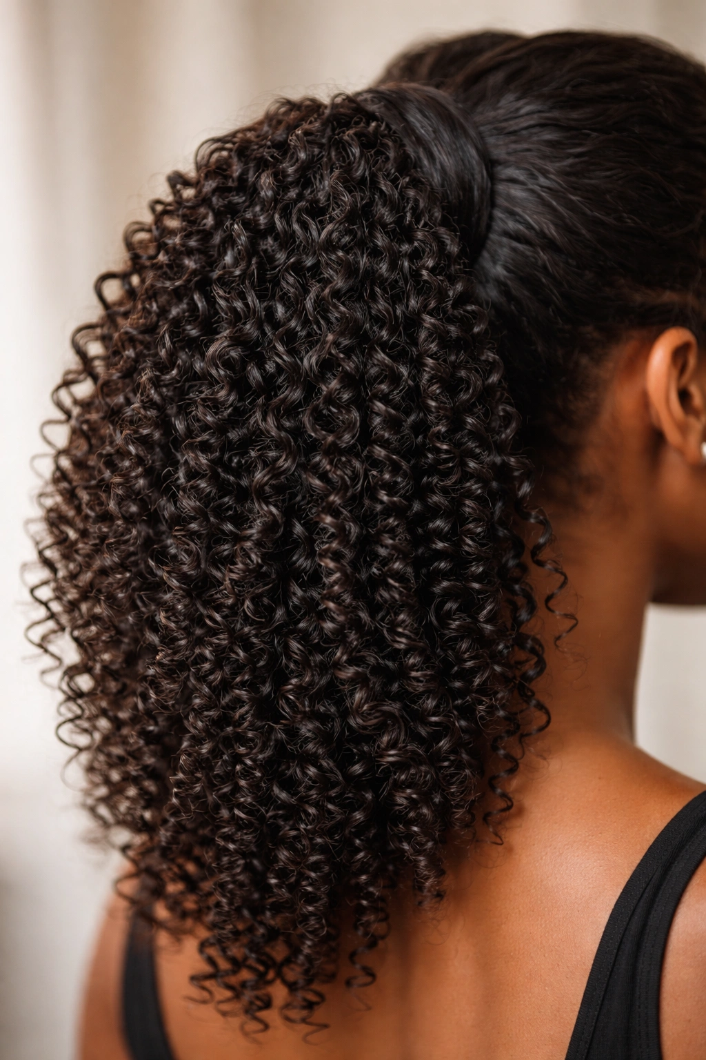 Close-up of deep curly ponytail extension showing tight coils and defined pattern