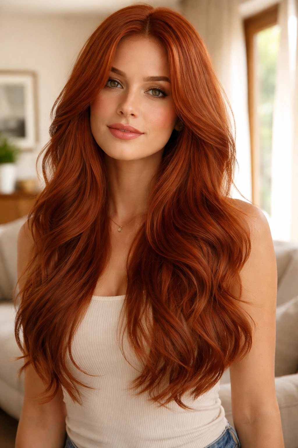 Close-up of a real woman with deep ginger long layers in soft waves