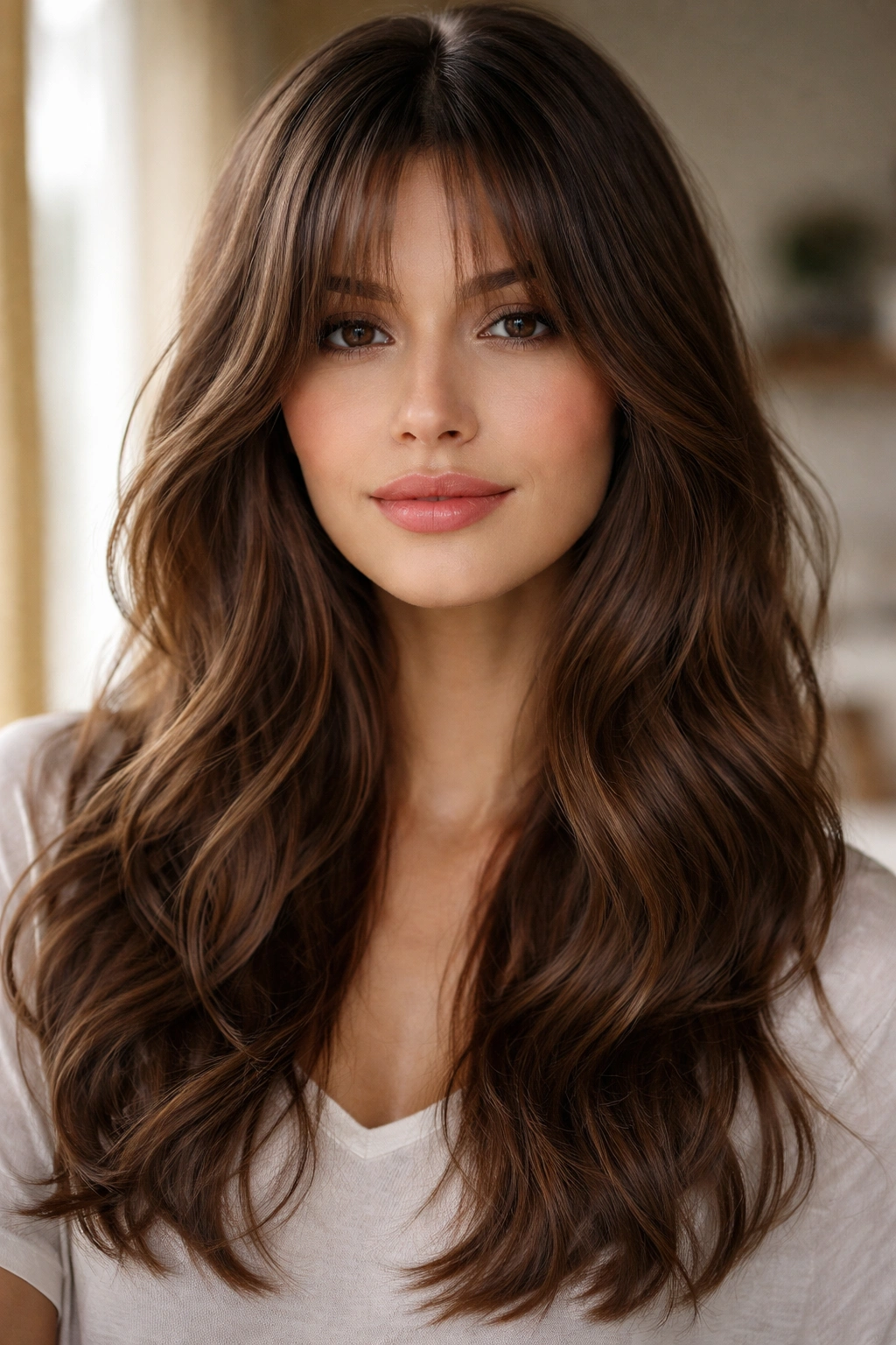Close-up of a real woman with deep-length curtain bangs and wavy hair by a window