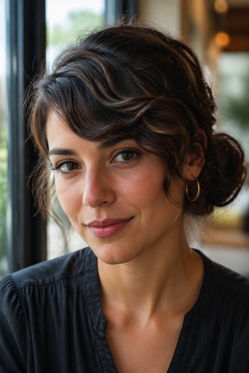 Close-up of a real woman with a deep-part bangs and side-swept low bun