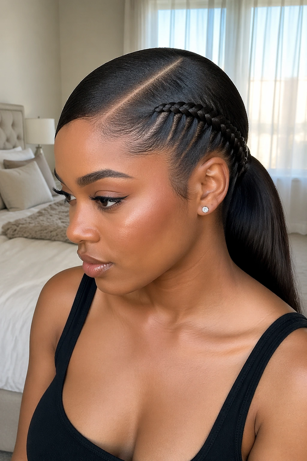 Three-quarter portrait of a real woman with Deep Side Part Side Stitch Braid Ponytail, deep part and sleek braid to ponytail.