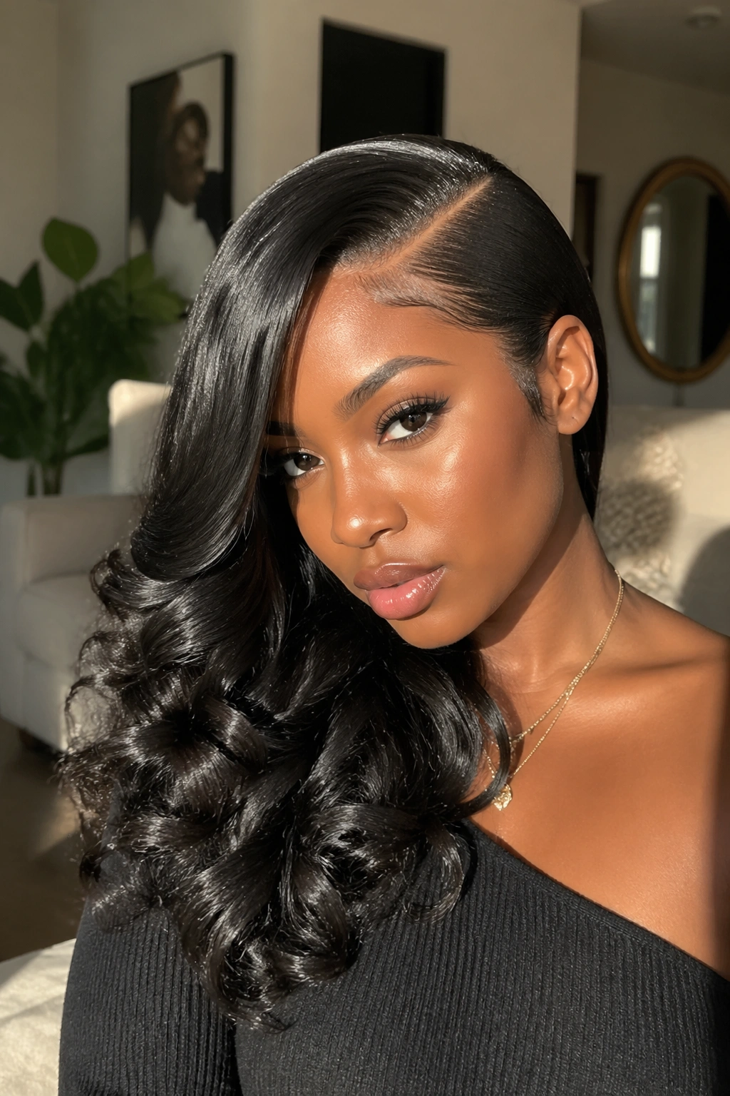Close-up of a real woman with a deep part and cascading curls on one side