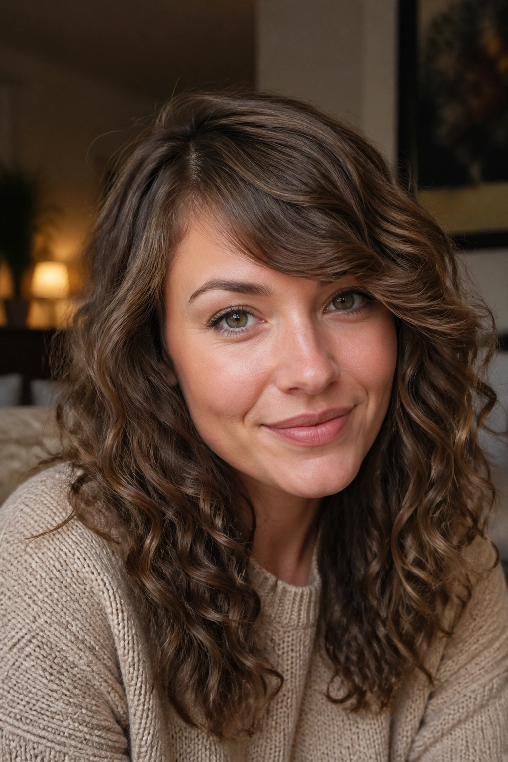Close-up portrait of a real person with a deep-part fringe and clean arc