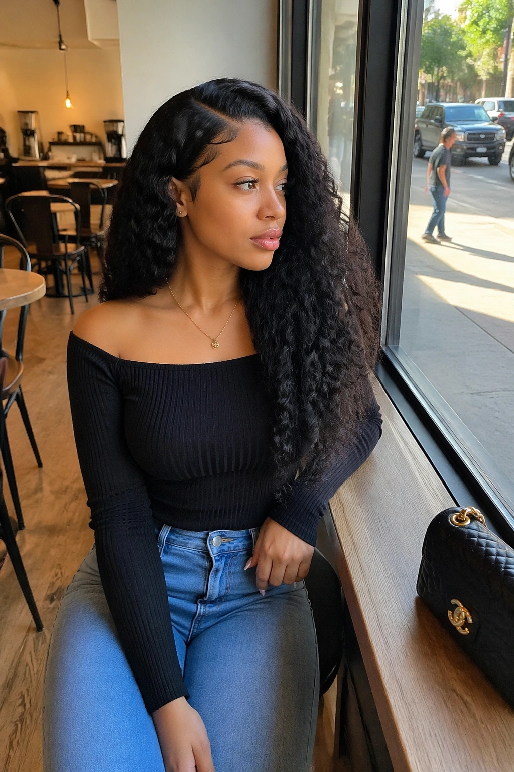 Wide cafe portrait of a deep side-part curly closure wig.