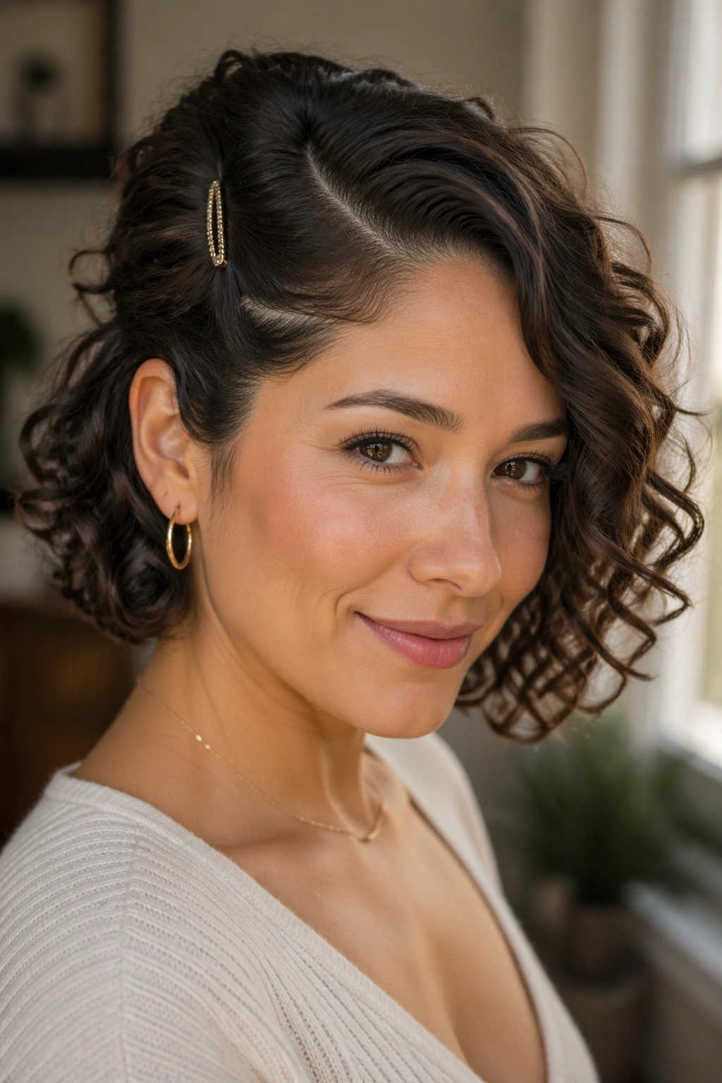 Close-up portrait of real woman with deep part and side-swept half-up.
