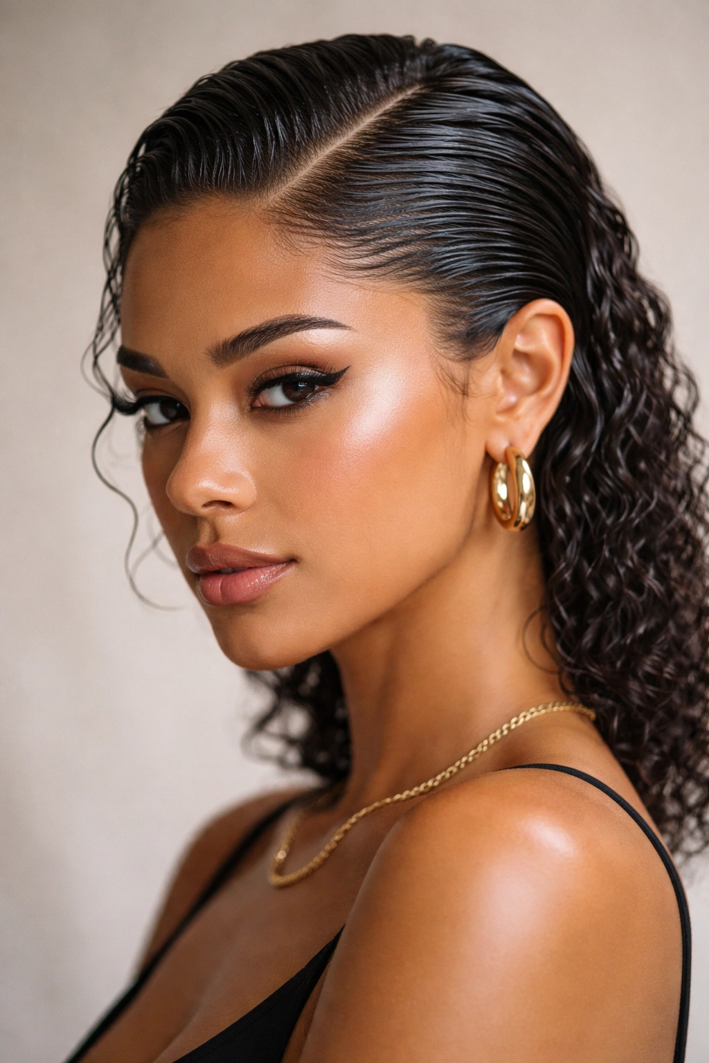Close-up of a person with a deep-part, slicked-back gel hairstyle showing comb-trace lines along the scalp.