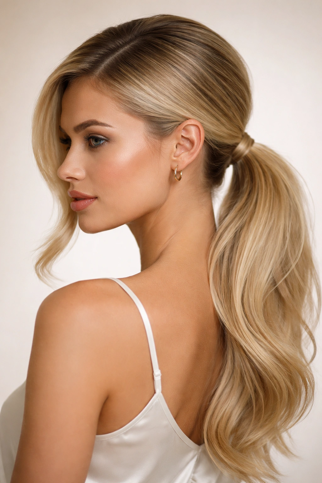 Blonde deep-parted low pony at the nape with face-framing hair and smooth finish