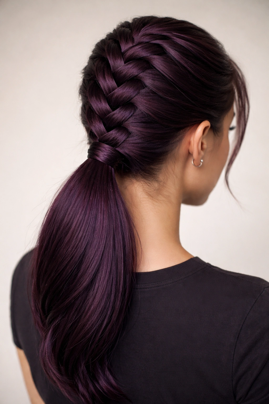 Close-up of a deep plum Dutch braid rising from scalp into a neat ponytail