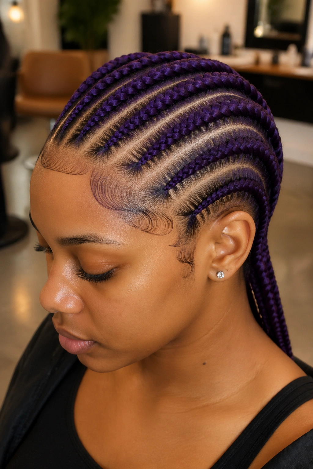 Close-up portrait of a real woman with six deep purple cornrows from hairline to nape in matte kanekalon.
