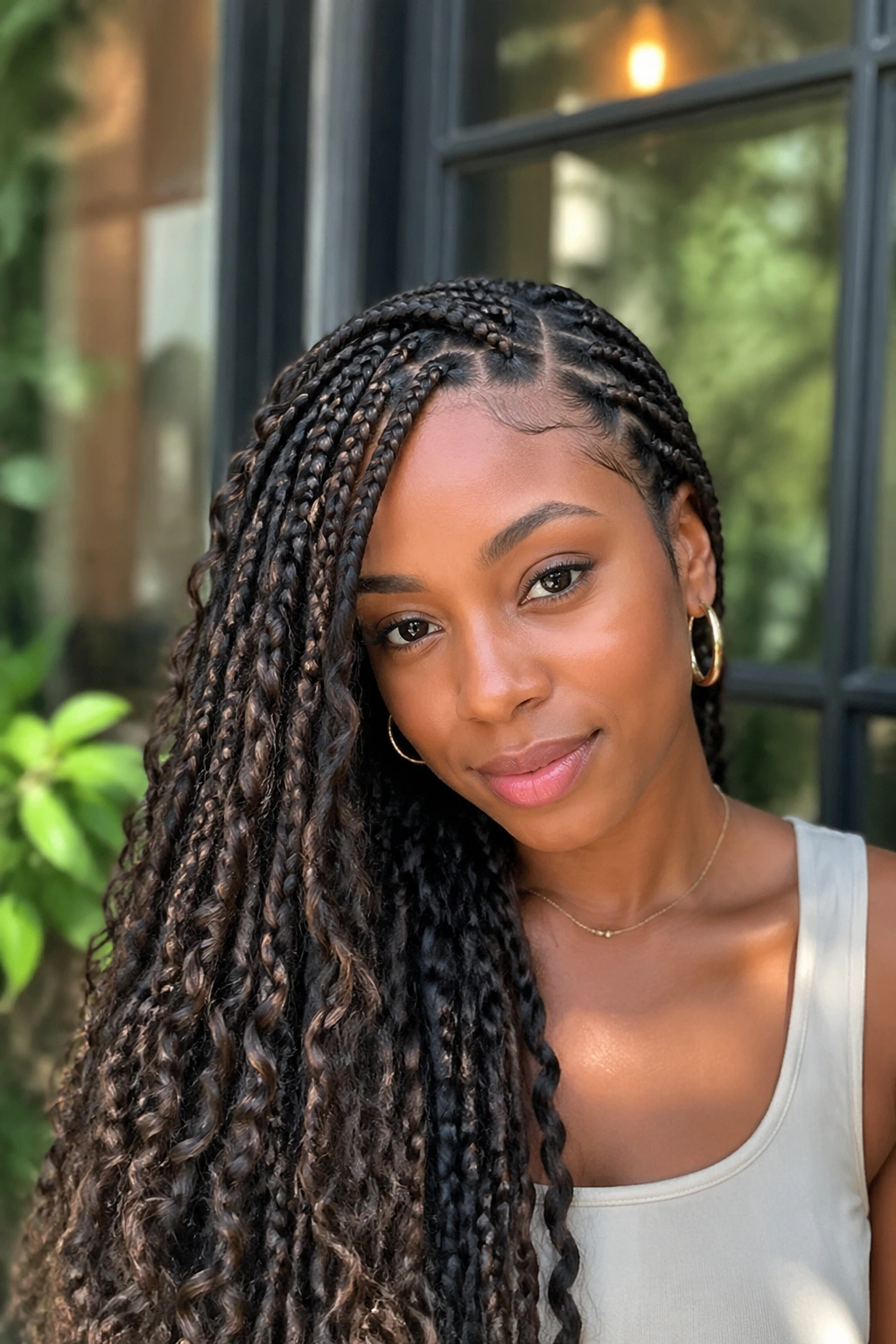 Close-up portrait of a real woman with a deep side part and long boho box braids