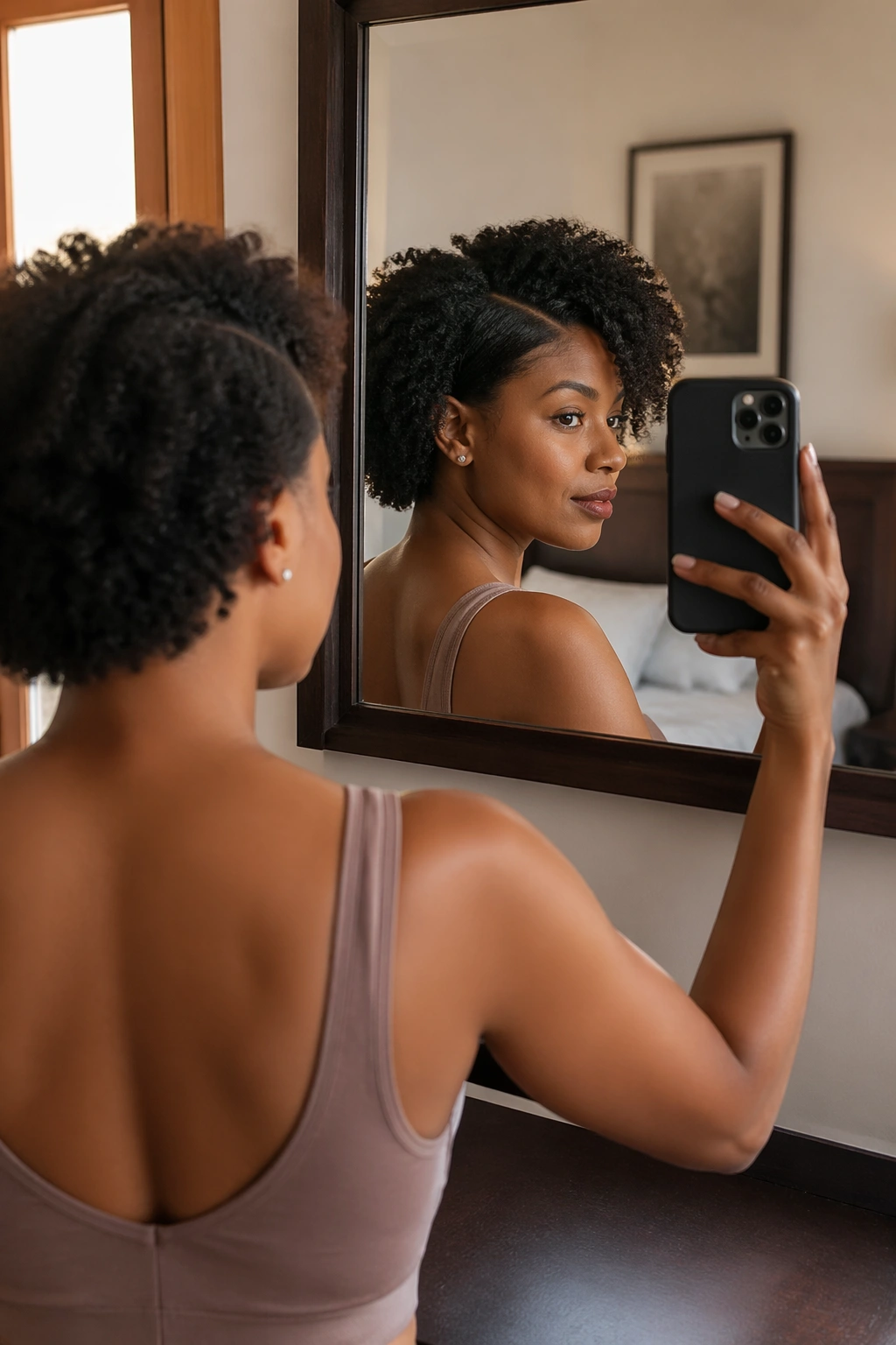 Candid mirror selfie showing a deep side-part afro
