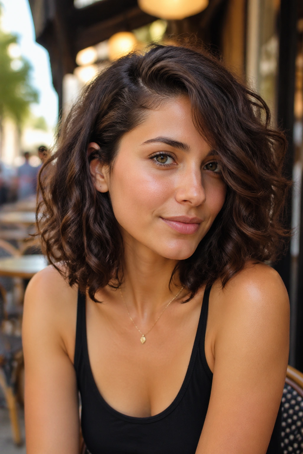 Portrait of a woman with deep side-part bangs and natural curly texture.