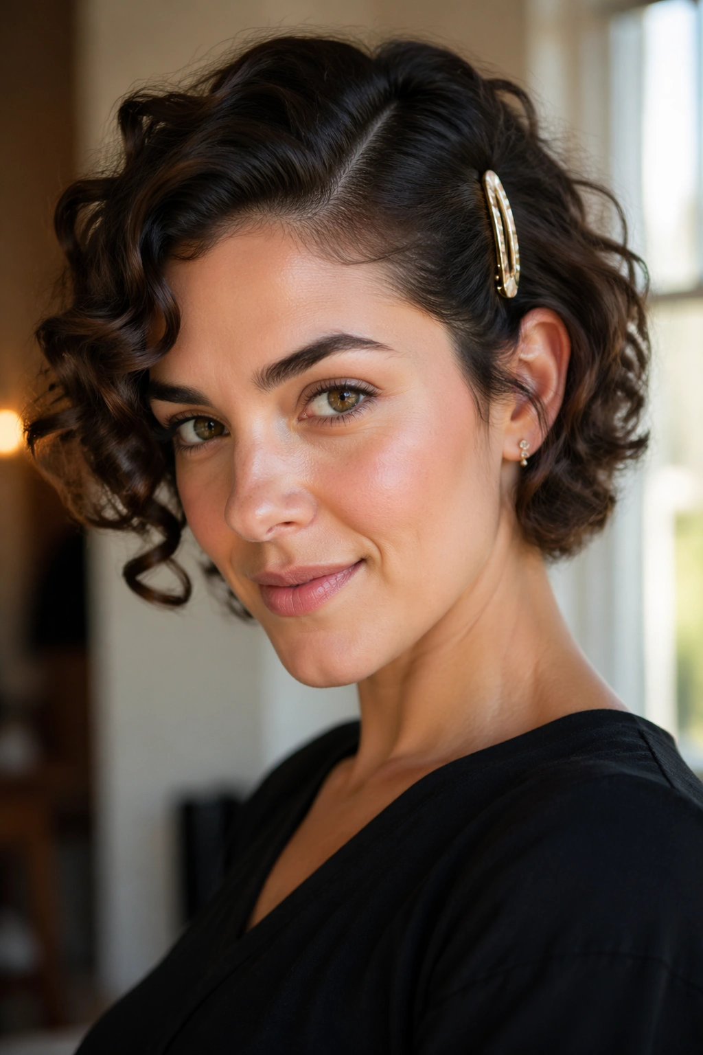 Close-up portrait of a real woman with a deep side part and barrette behind the temple.