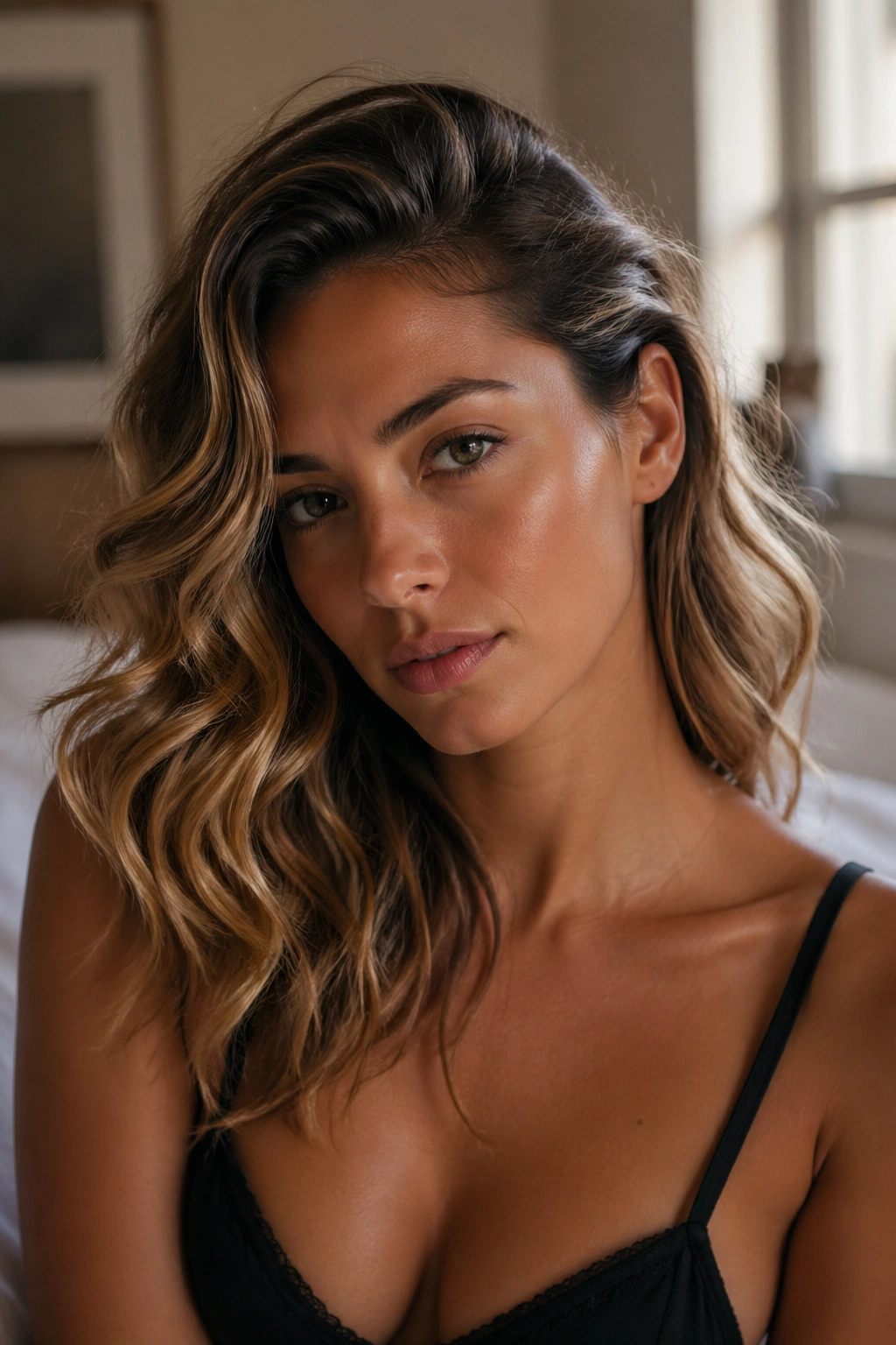 Close-up of a real woman with a deep side part and beachy waves by a window in a bedroom