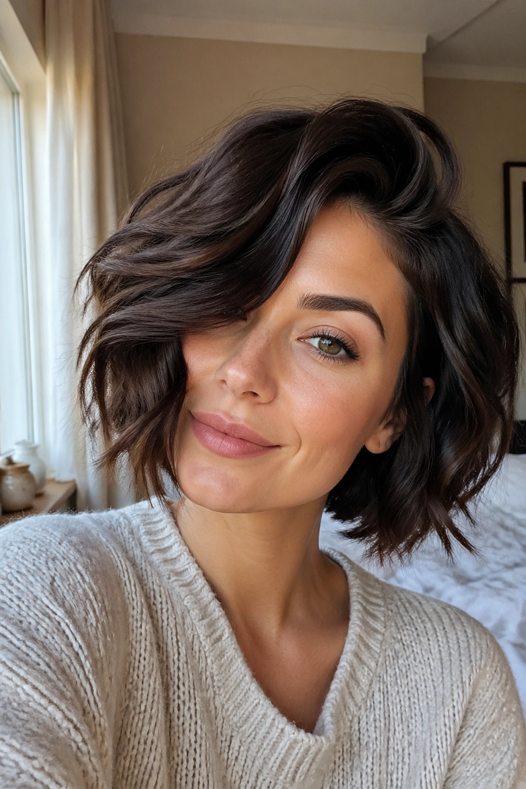 Close-up of a real woman with a deep side-part bob in morning light.