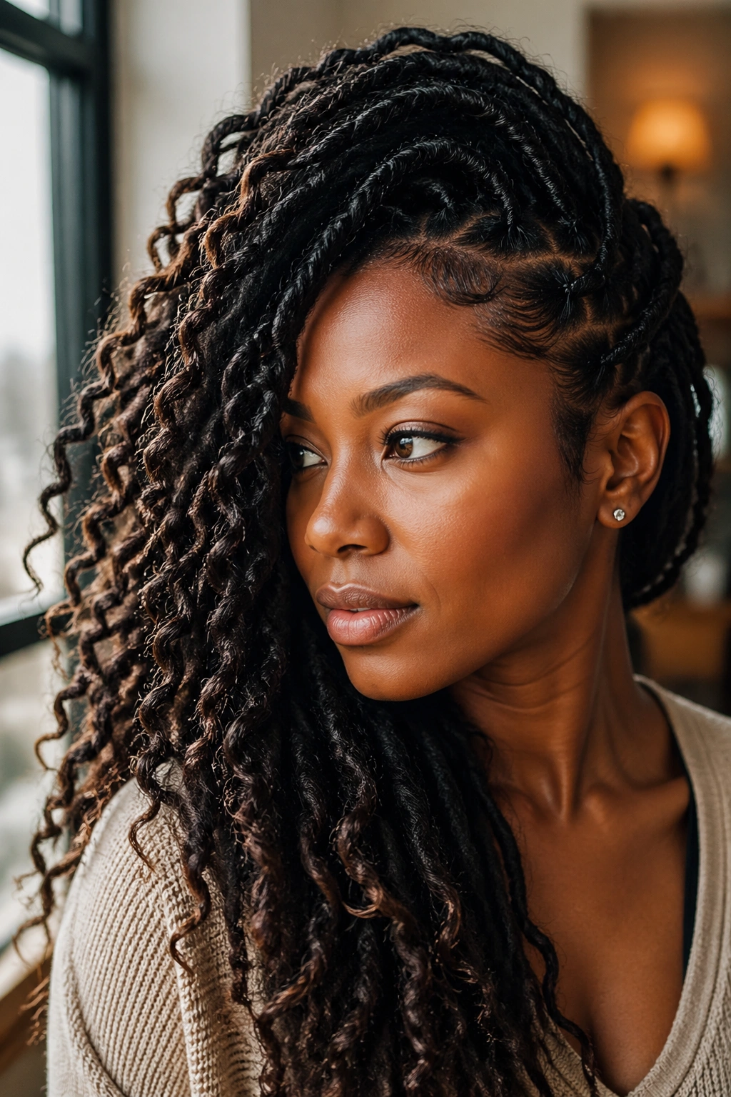 Close-up of a real woman with a deep side-parted boho locs look.