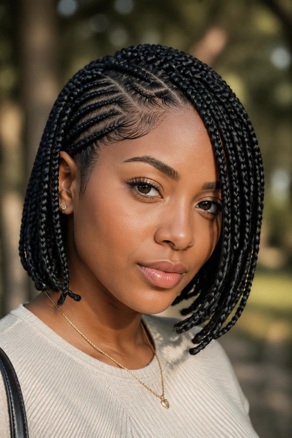 Portrait of a woman with deep side part short box braids in a park setting