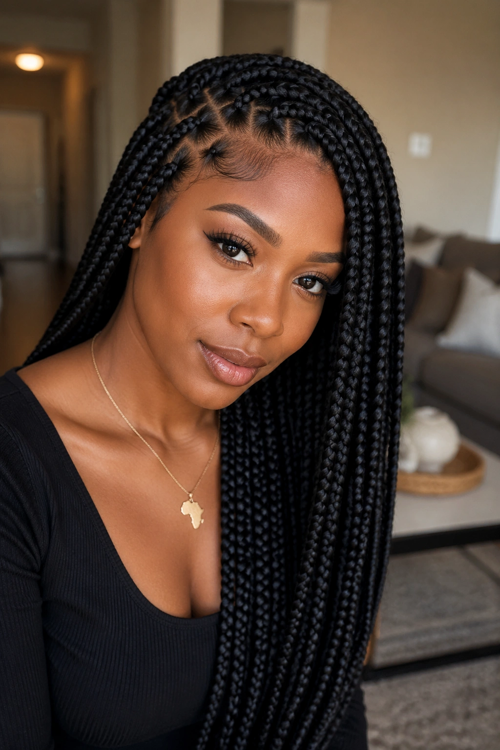 Portrait of a real person with a deep side-part long box braids.