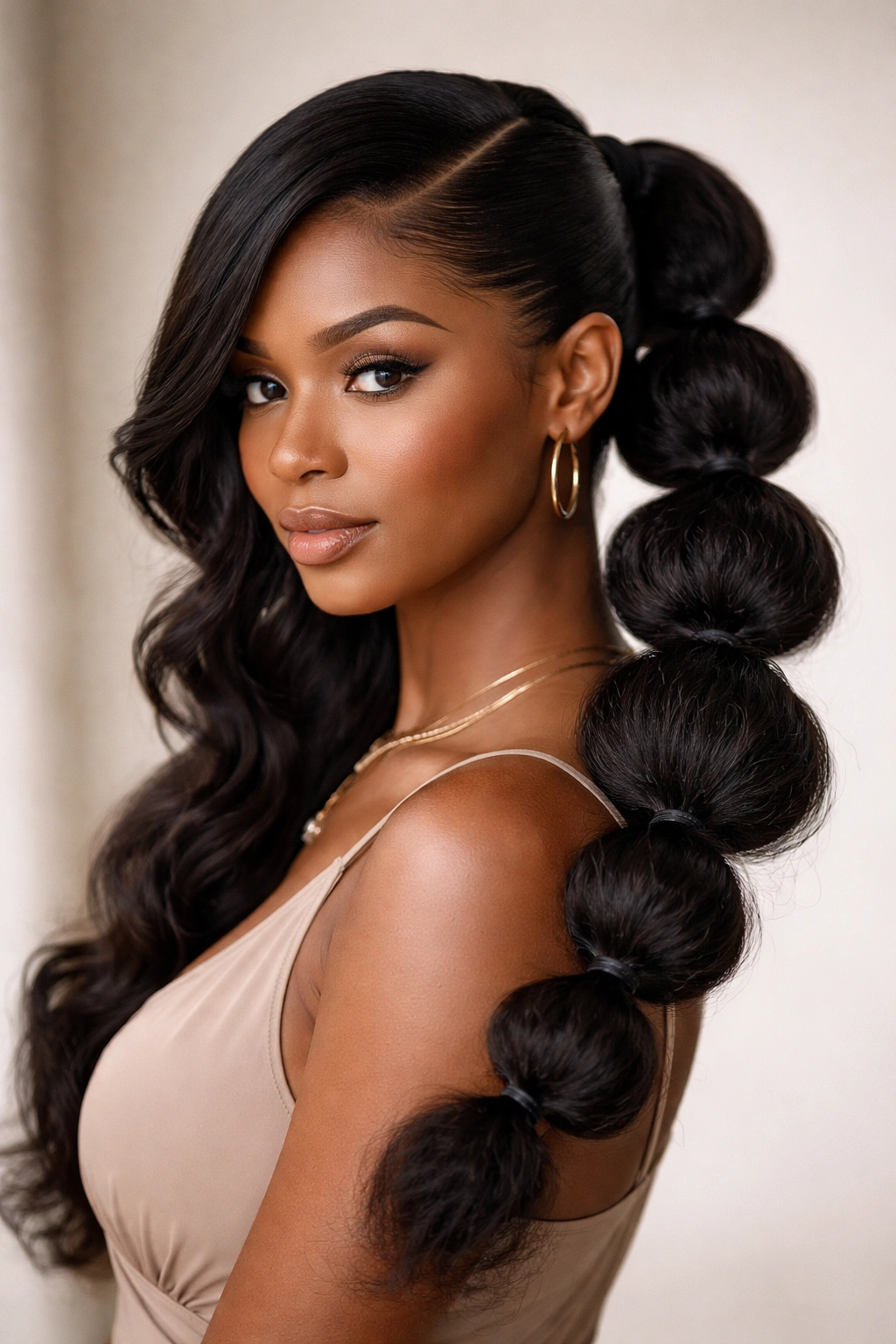 Deep side-part bubble ponytail with asymmetrical bubbles and sweep.