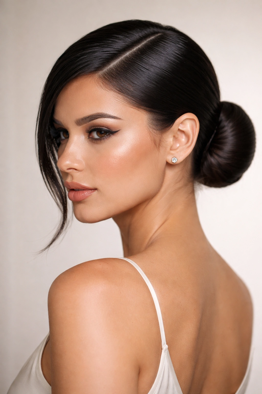 Side view of a deep side-part glossy bun with high shine