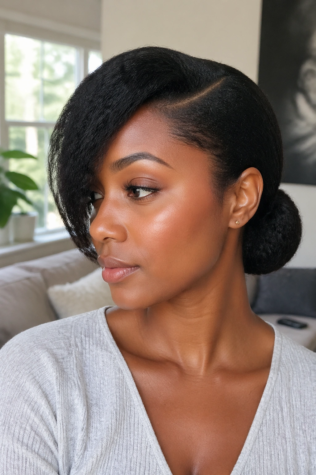 Close-up portrait of a real woman with a deep side part and a low bun in a bright living room.