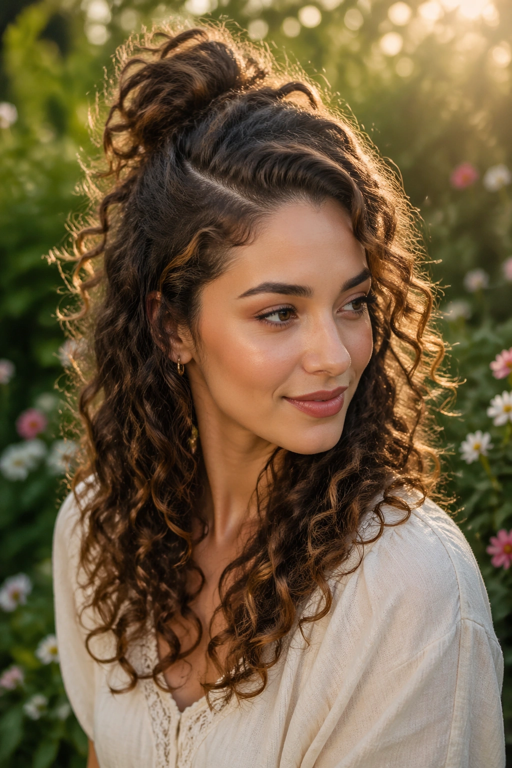 Hero outdoor shot with deep side part half bun