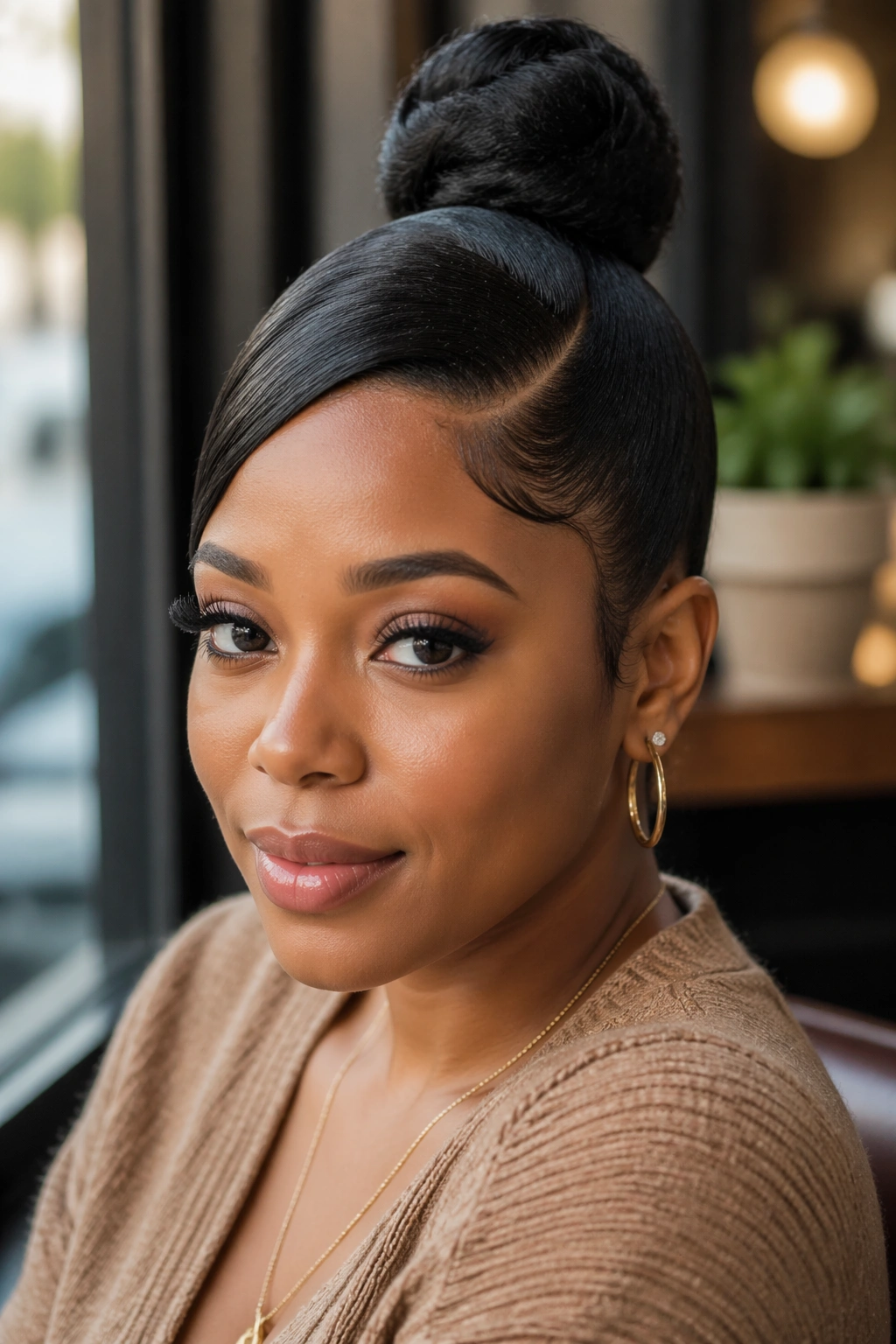 Close-up portrait of a real Black woman with deep side-part and high bun in cafe lighting