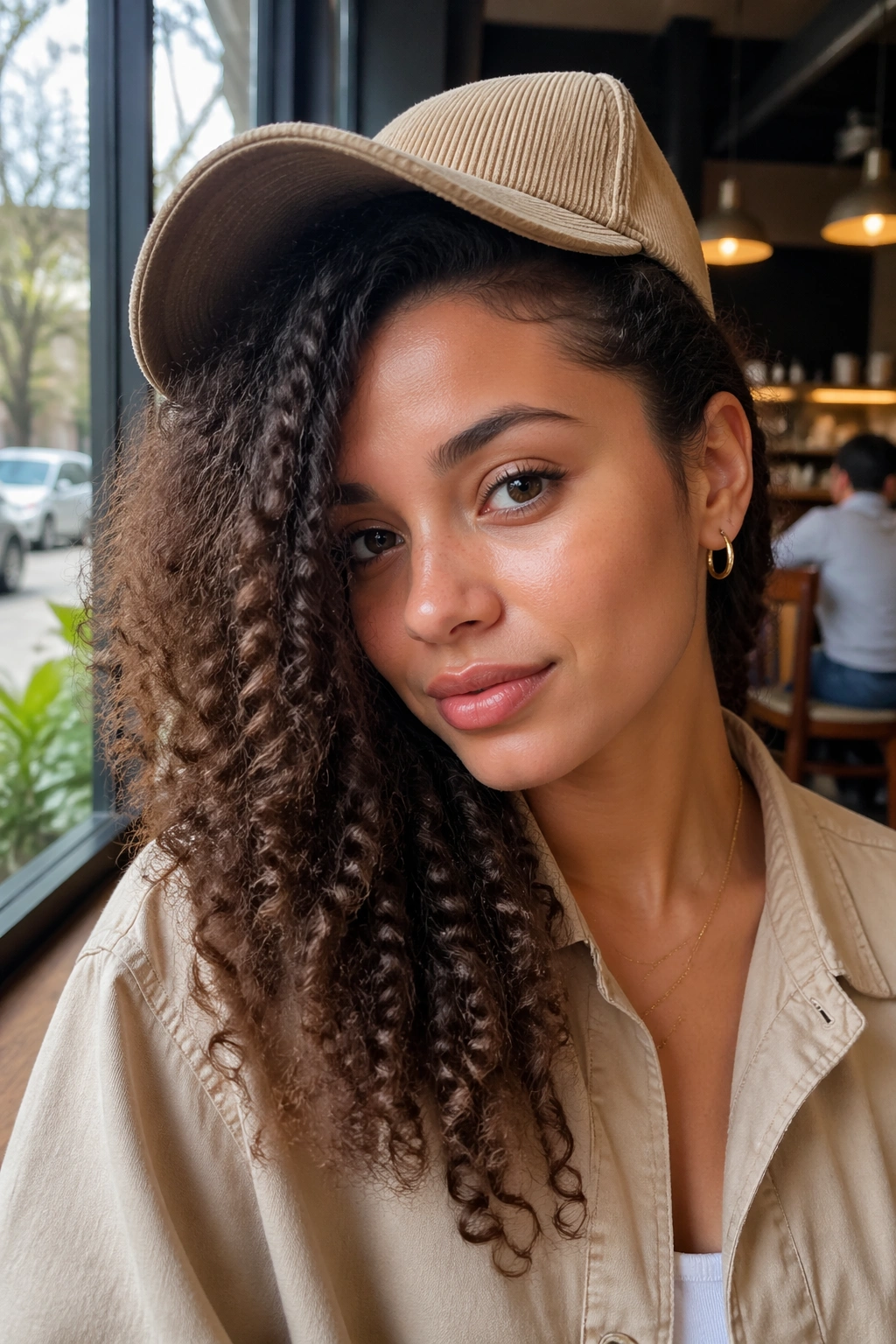 Real woman with deep side part tucked behind ear under cap