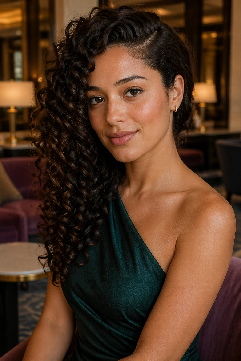 Portrait of a woman with deep side part and one-shoulder curly cascade.